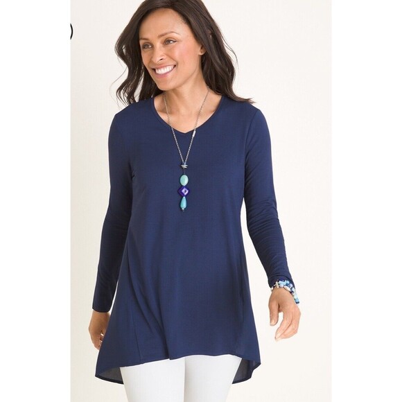 Chico's Navy Blue Woven Sheer Back Tunic Top Long Sleeve Size 1 Medium Flowy EUC - Picture 1 of 14